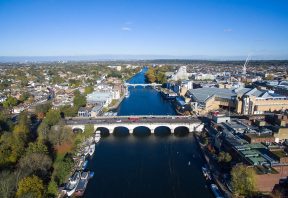 Drone aerial photos over River Thames. Hampton Wick. Horse Fair.