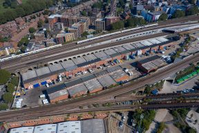 Aerial drone survey photos of Bermondsey Trade Park near Millwall FC. High level property photo.