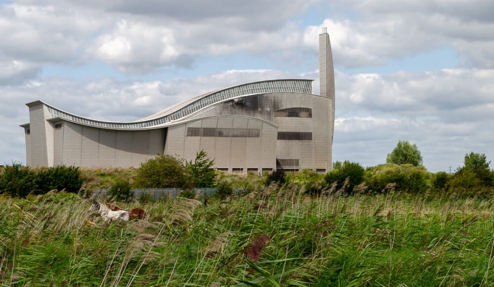 Summers day at Crossness nature reserve, with view of treatment works, near the river Thames